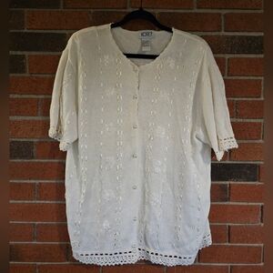 KORET WOMEN'S KNITTED CARDIGAN SIZE XL WHITE CROCHET SHORT SLEEVE BUTTONS